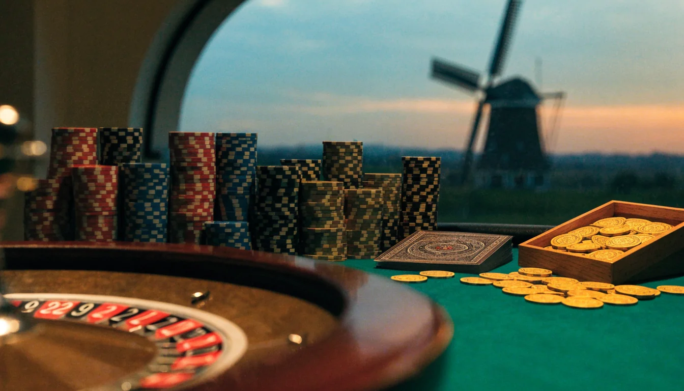 Casinotafel met chips, speelkaarten en een bonusgeschenk, Hollandse molen op de achtergrond