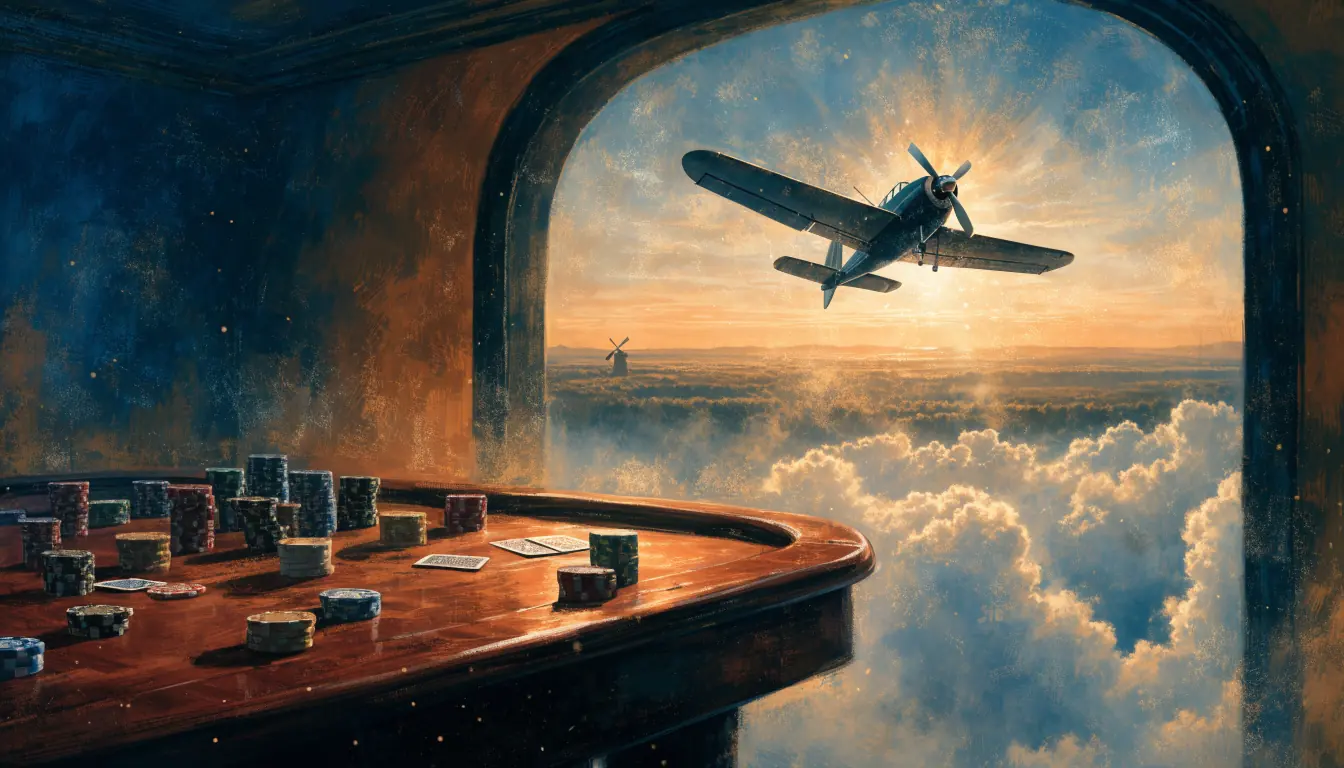 Een opstijgend vliegtuig boven een casinotafel met Nederlandse horizon op de achtergrond