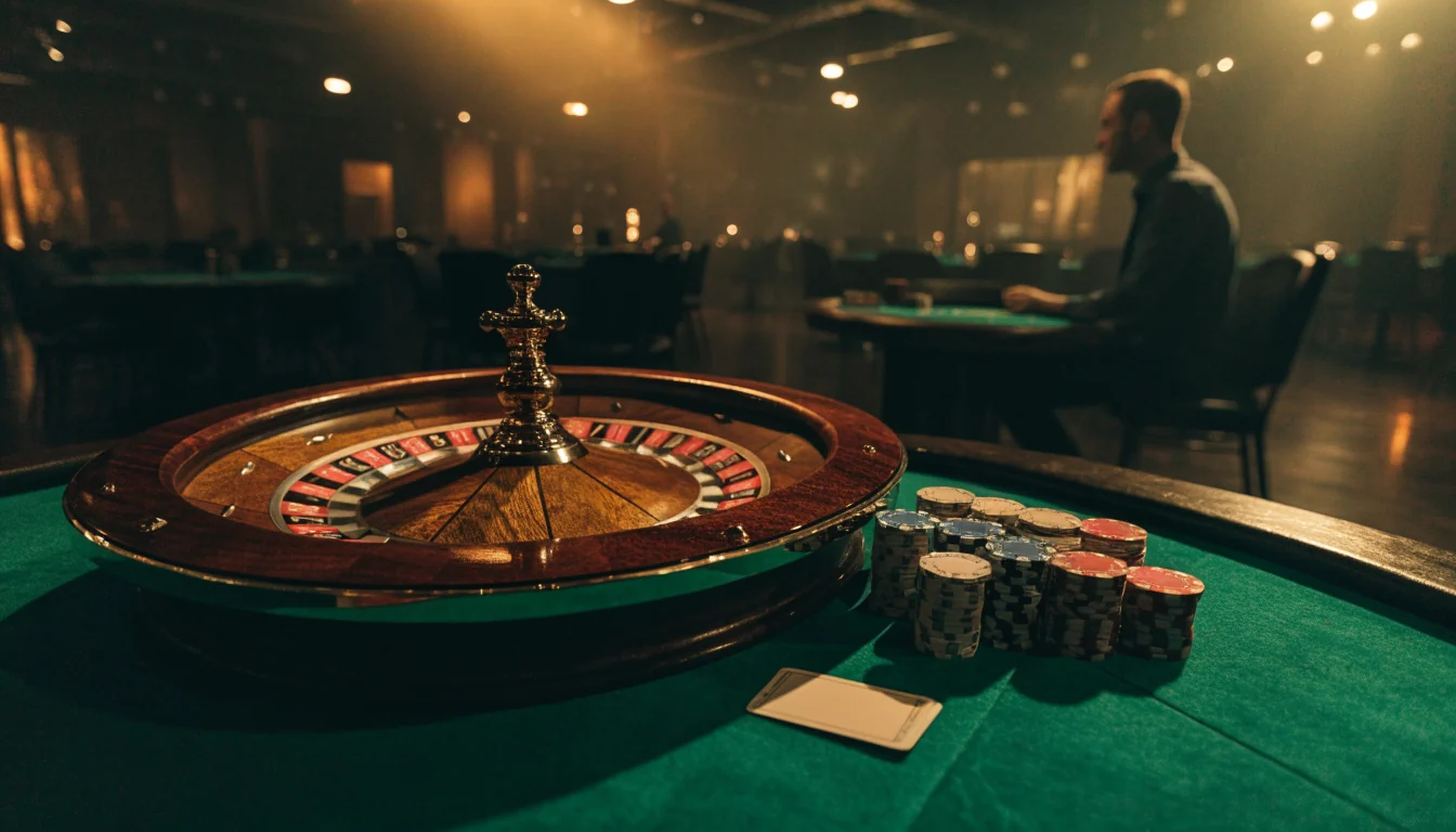 Een elegante live casino studio met roulettewiel, fiches en speelkaarten
