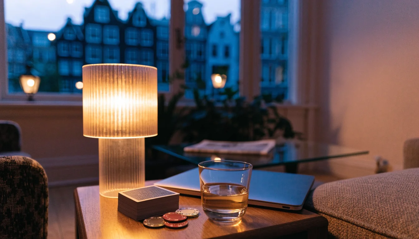 Sfeervol Nederlands interieur met casinofiches en jenever