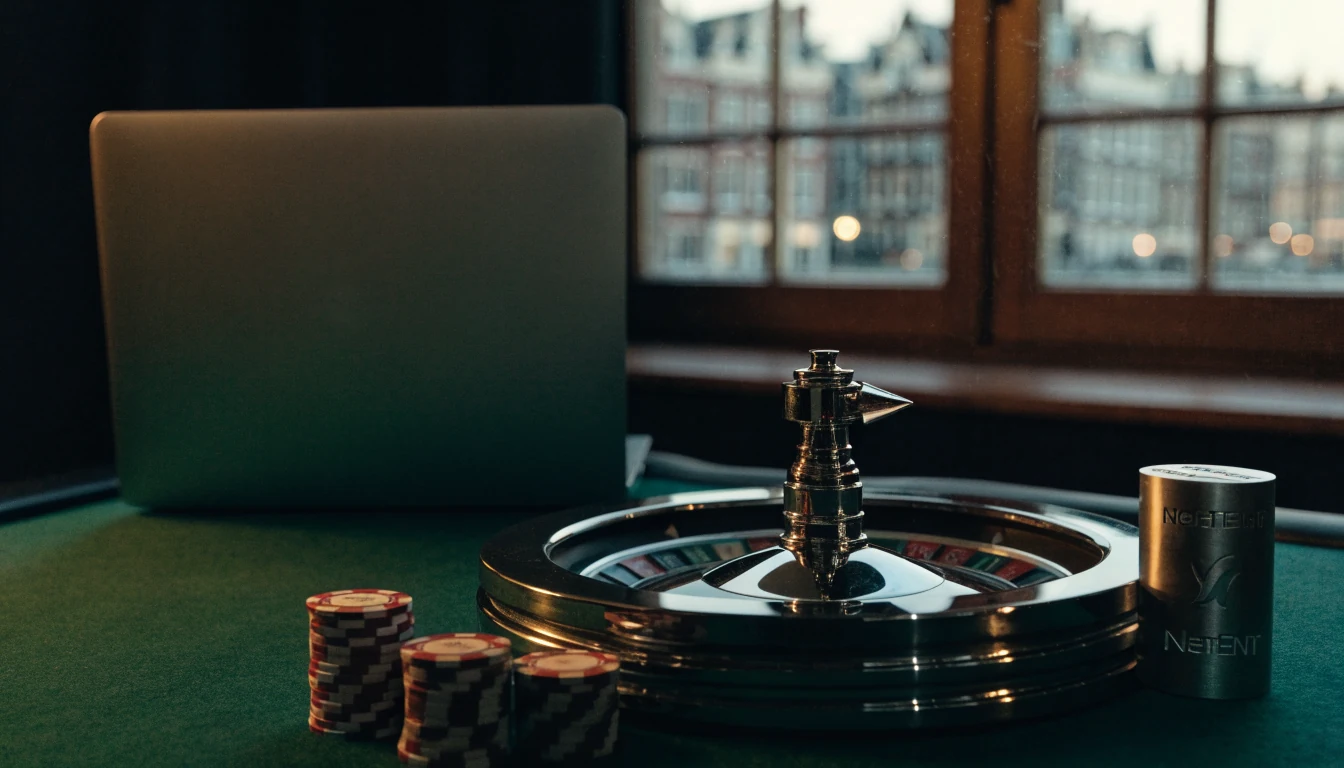 Casinochips en roulettewiel met silhouet van Amsterdam