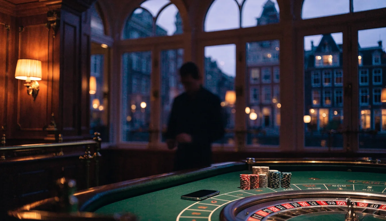 Elegant Nederlands casino-interieur met roulette en smartphone