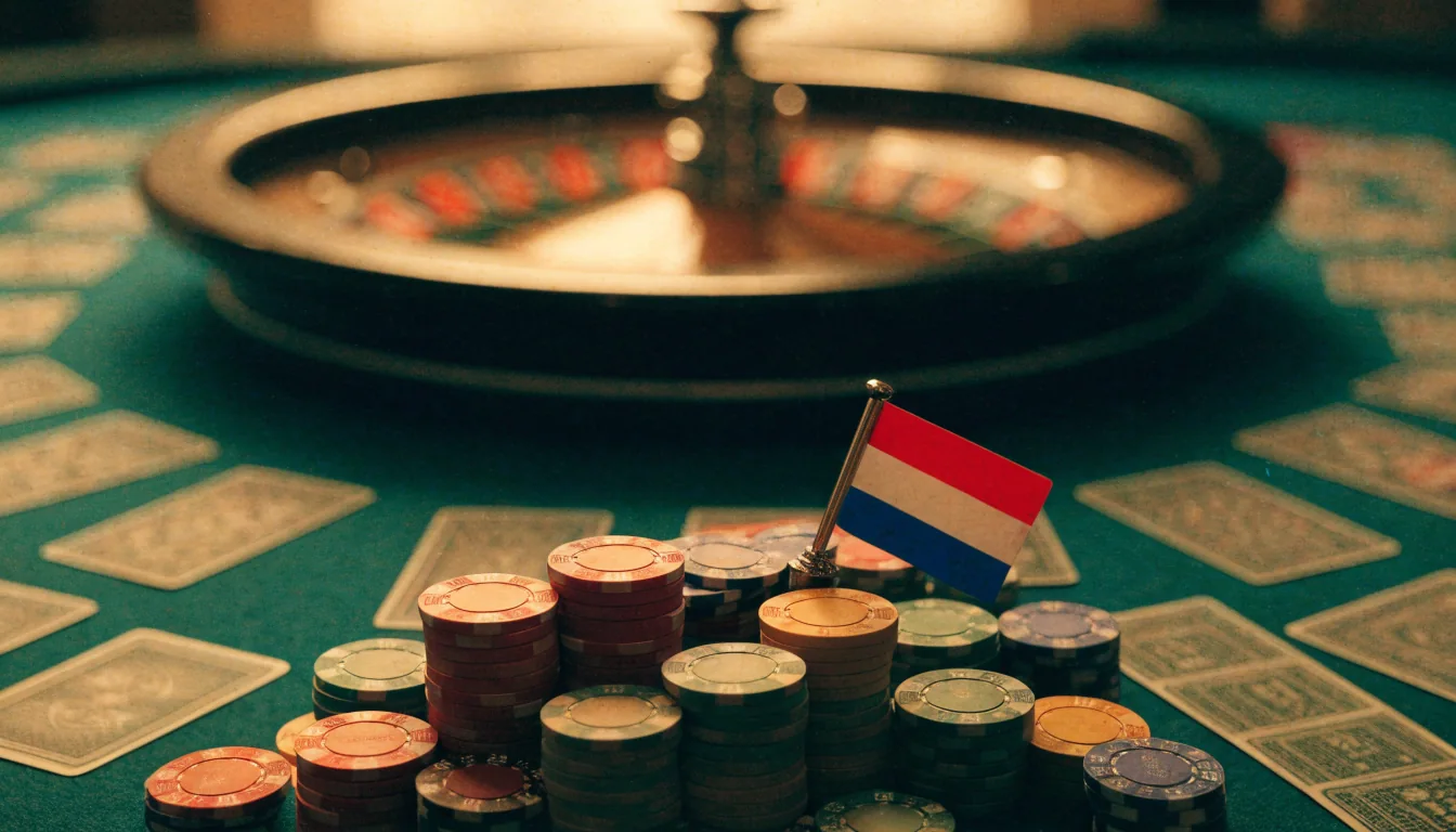 Casino chips en roulettewiel op groene tafel, sfeervolle verlichting