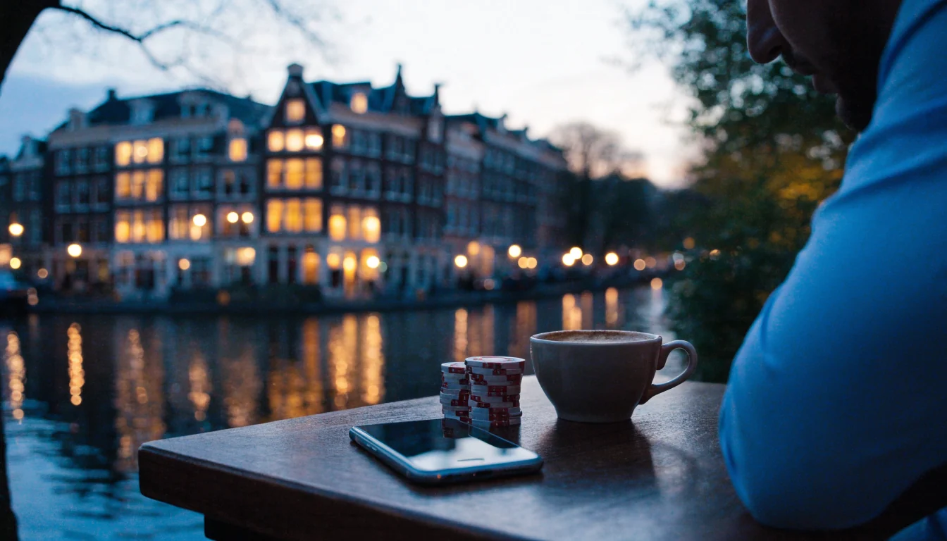 Amsterdamse grachten bij schemering met smartphone en pokerfiches op een tafel