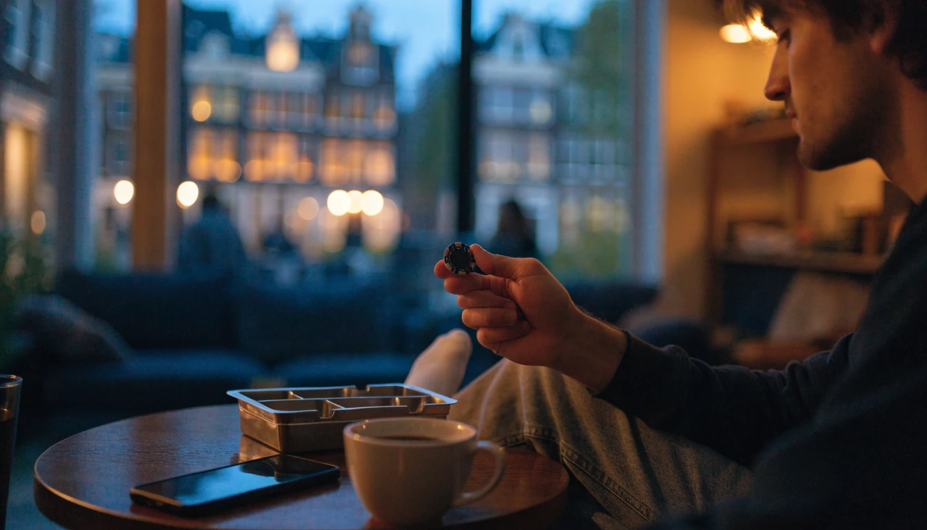 Speler met casinofiches en telefoon op tafel in een warm verlicht huis