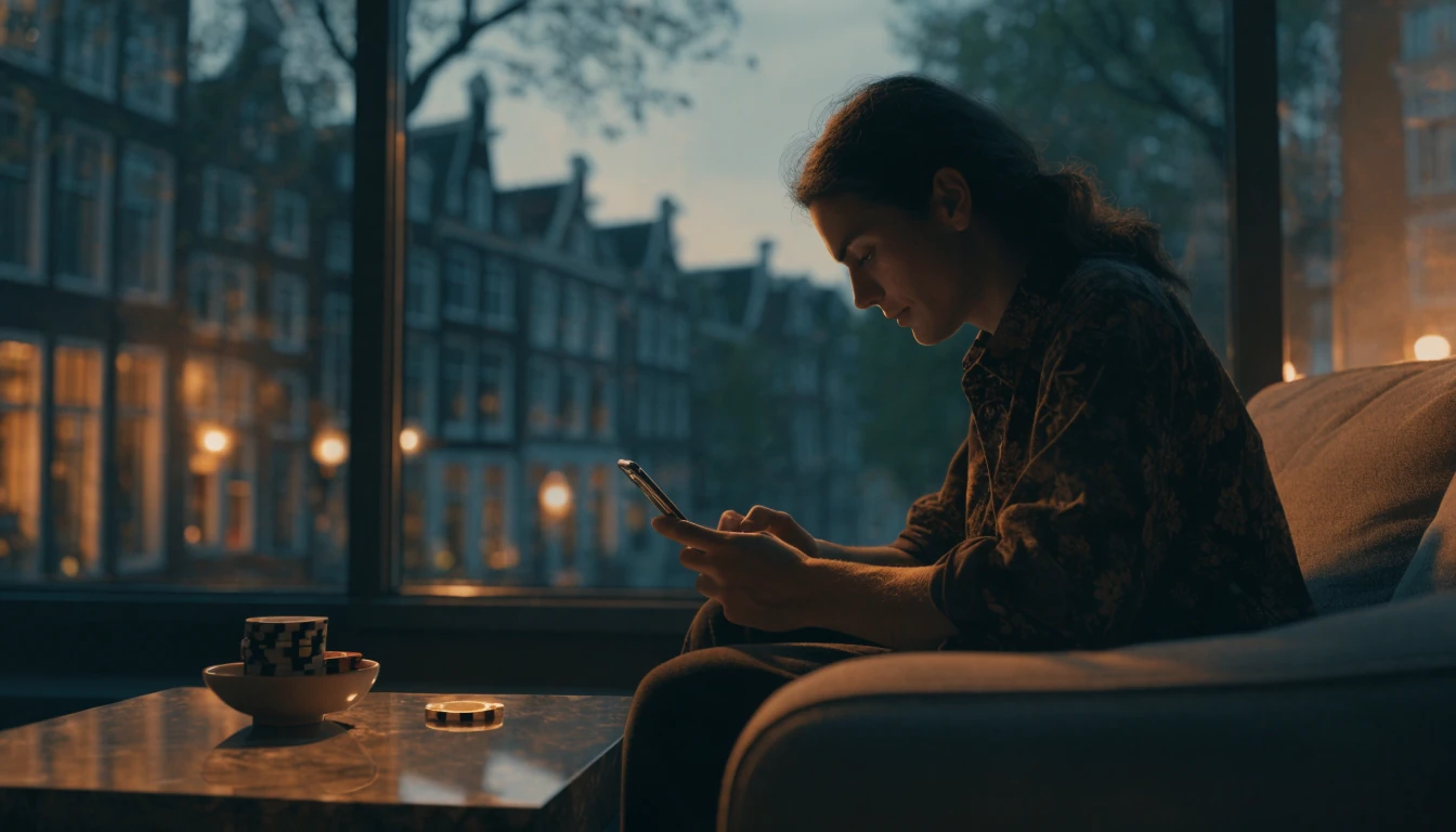 Sfeervolle avond met smartphone, casino fiches en gouden bonus symbool