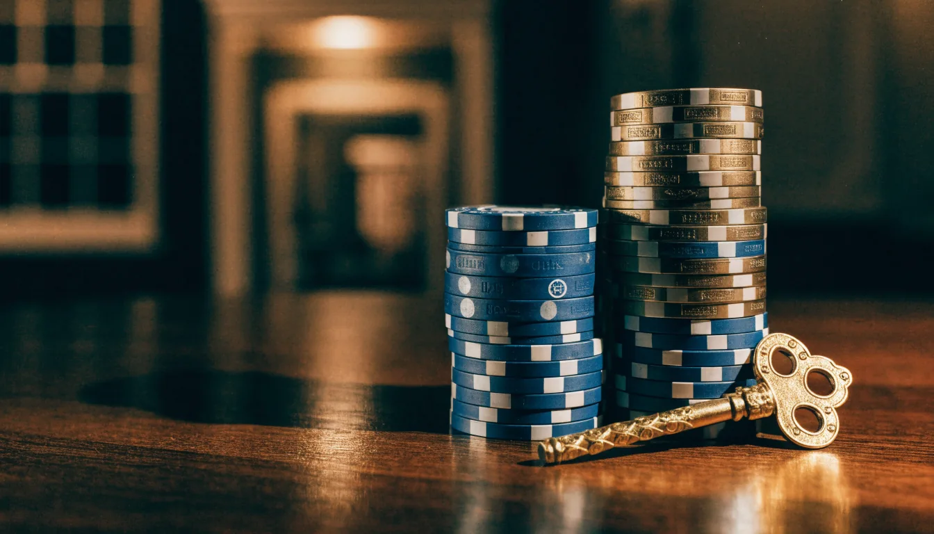 Stapel casinofiches met gouden sleutel op een houten tafel