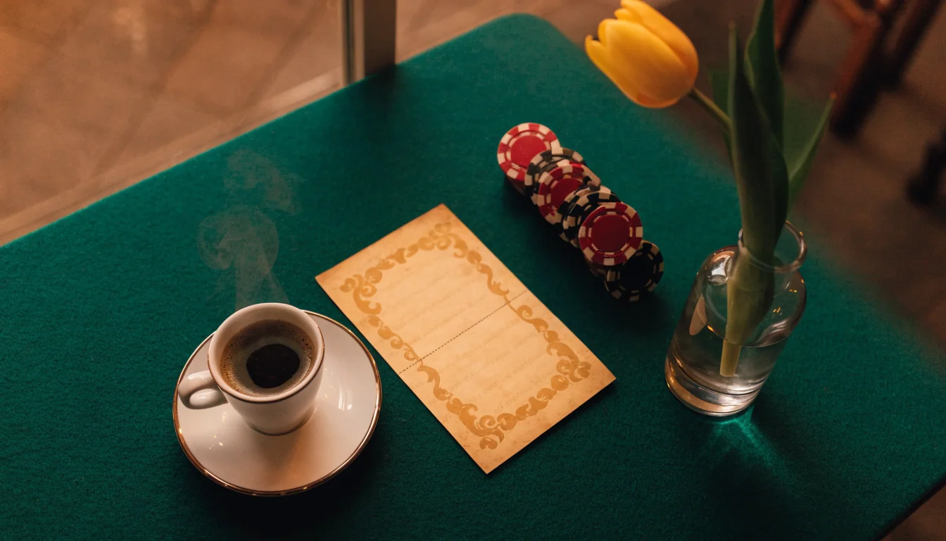 Casinochips, bononvoucher en tulp op een groene tafel